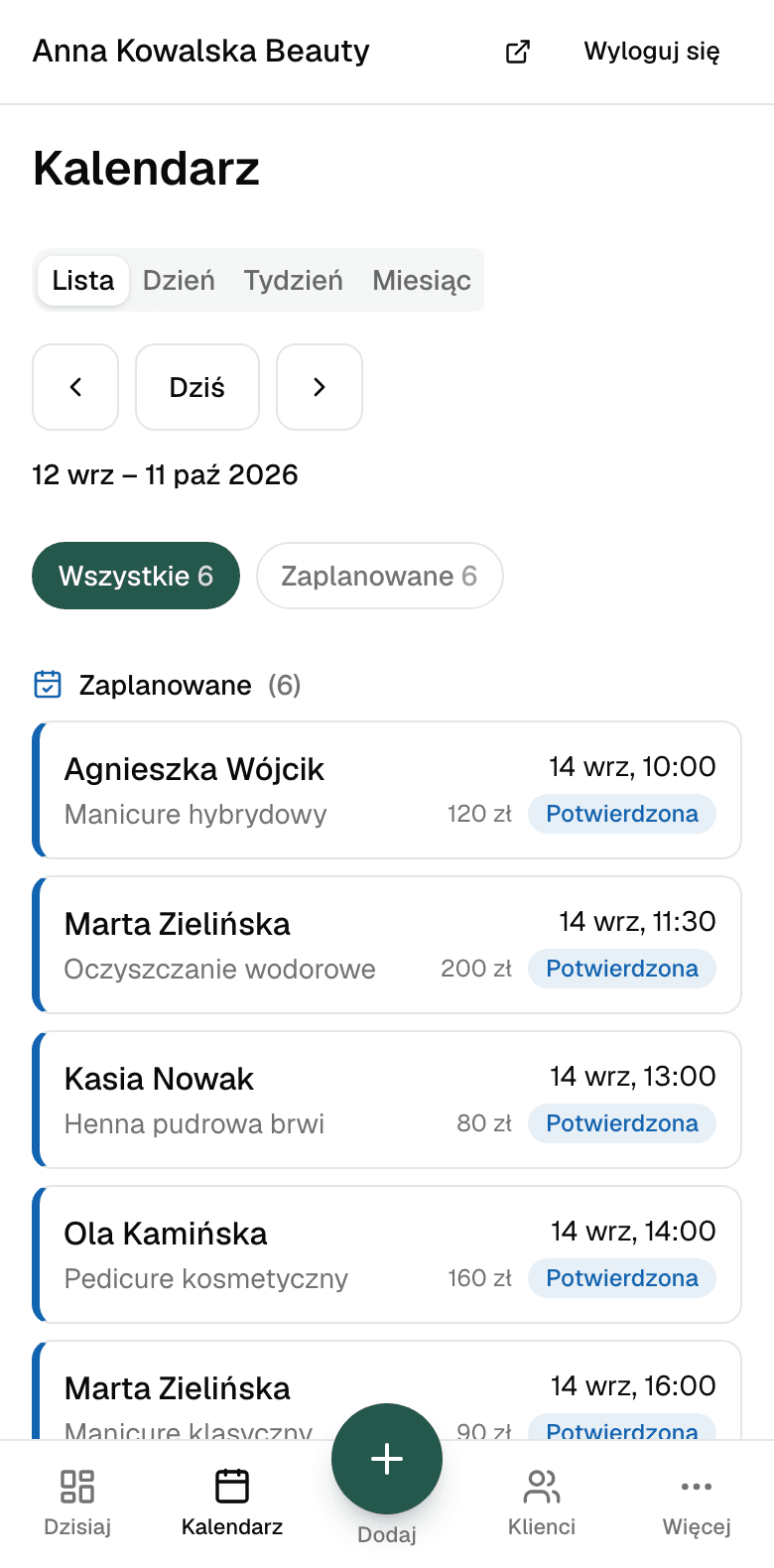 Kalendarz w panelu na telefonie: widok dnia z zaplanowanymi wizytami.
