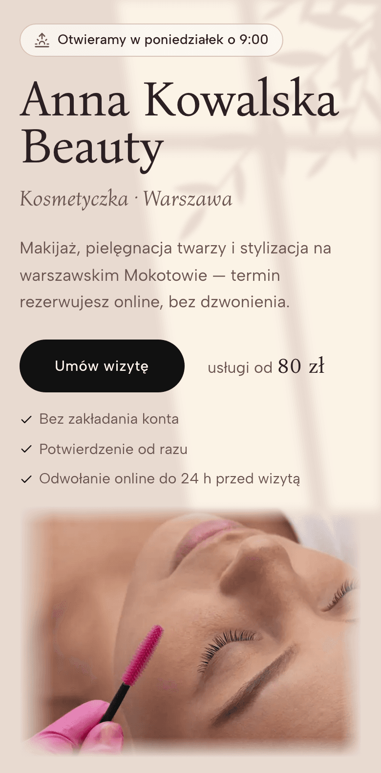 Strona salonu na telefonie: nazwa, opis, przycisk „Umów wizytę” i usługi od 80 zł.