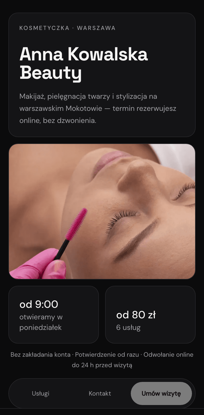 Szablon Noir: pierwszy ekran strony salonu na telefonie.