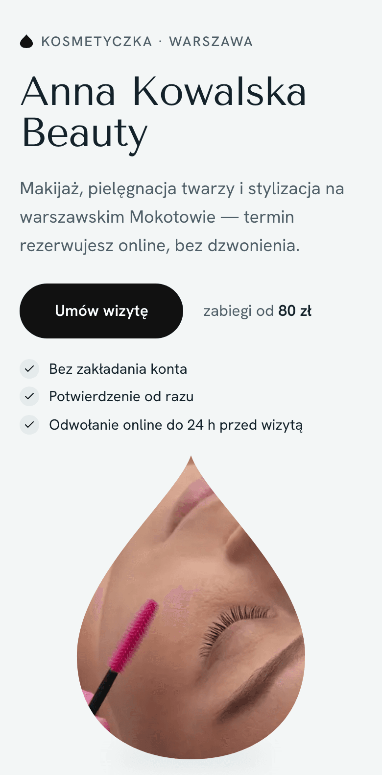 Szablon Serum: pierwszy ekran strony salonu na telefonie.