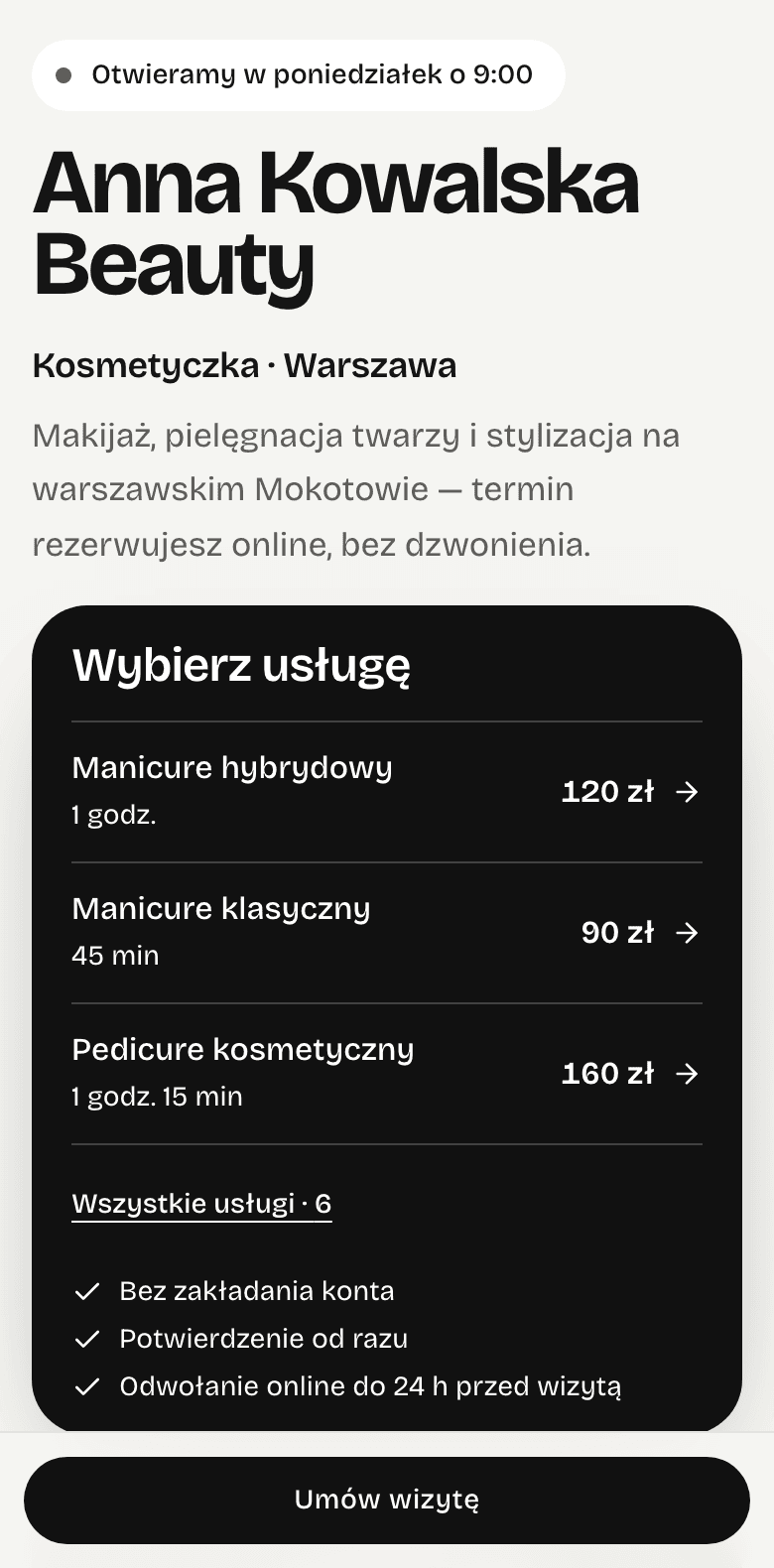 Szablon Studio: pierwszy ekran strony salonu na telefonie.